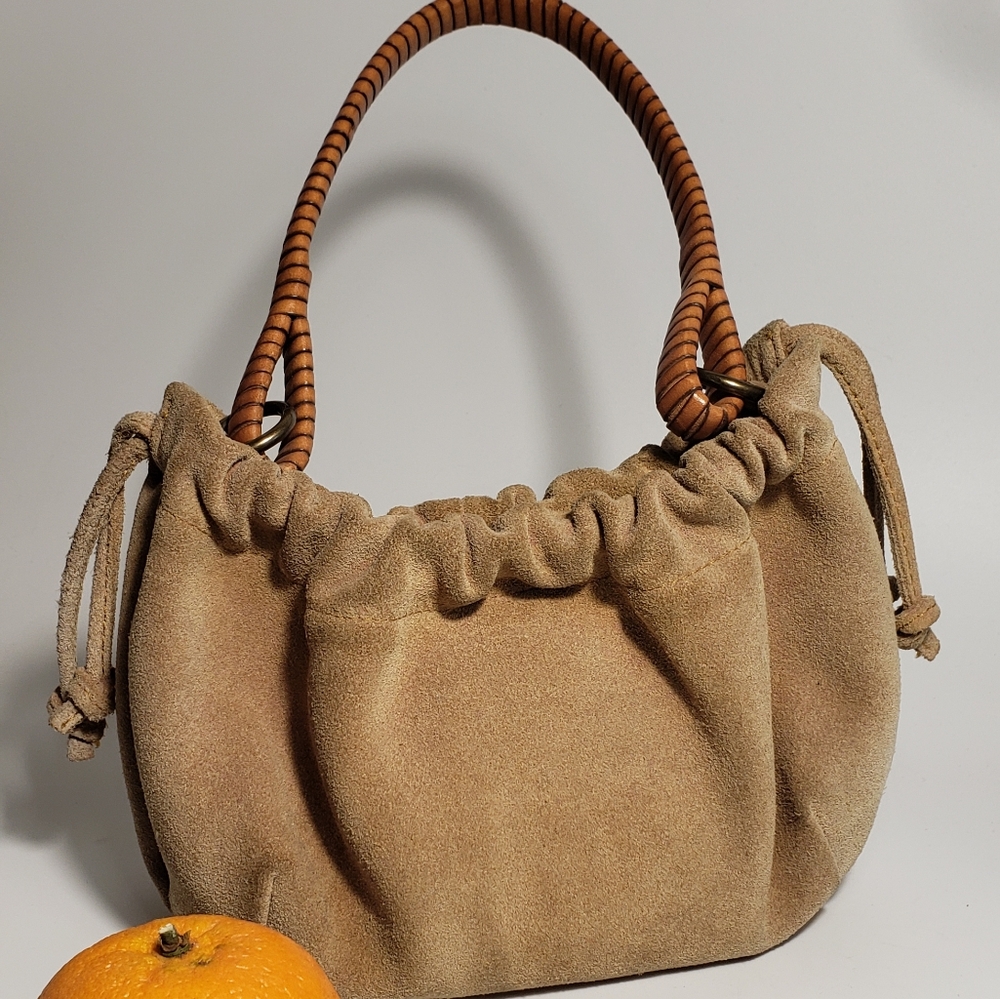 Fossil Tan Suede 90s Mini Bag Handbag Purse Leather Wrapped Handle